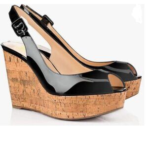 FOWT Black Platform Peep Open Toe Wedge Heels Chic Slingback Sandals Dress Shoes